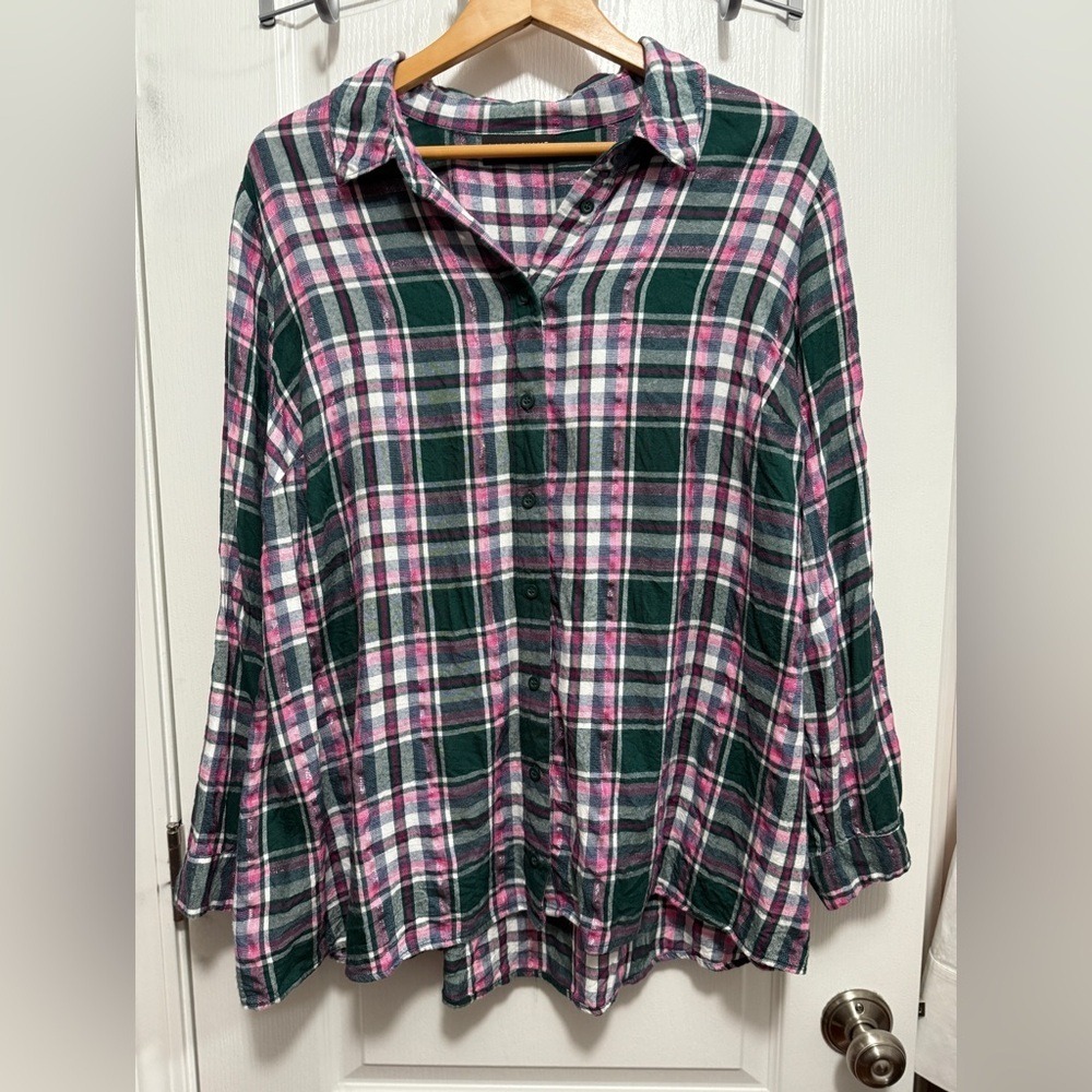 Lane Bryant Shirt Womens 22 24 Green Pink Plaid Metallic Shimmer Roll Tab EUC
